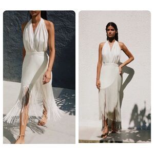 NWT No Pise La Grama Fringe Hem Open Back Halter Linen Ayala Dress White Size 2